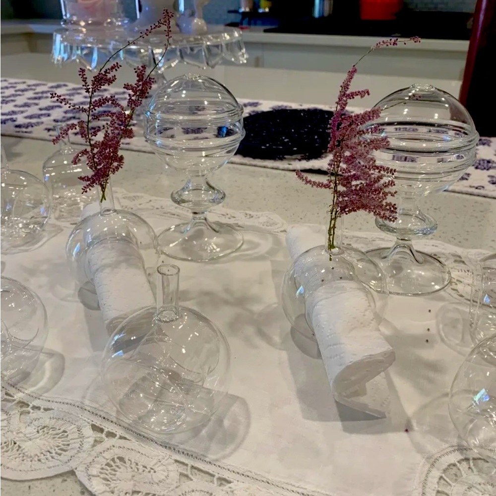 Hand blown clear glass vase napkin rings set of 10 and 2 center pieces.